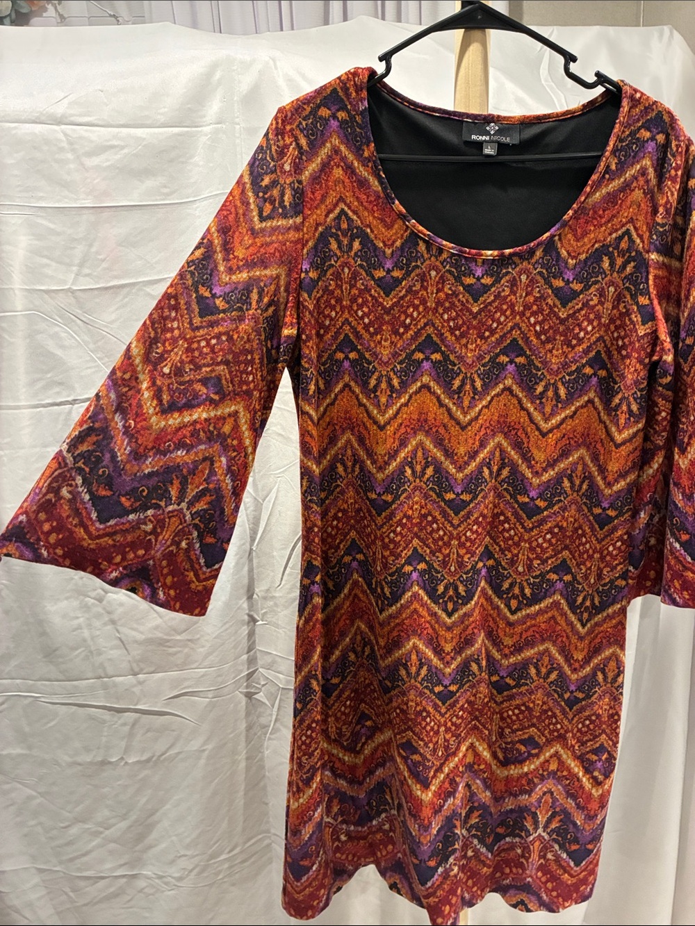 Ronni Nicole Orange and Purple Chevron-Print Long Sleeve Dress